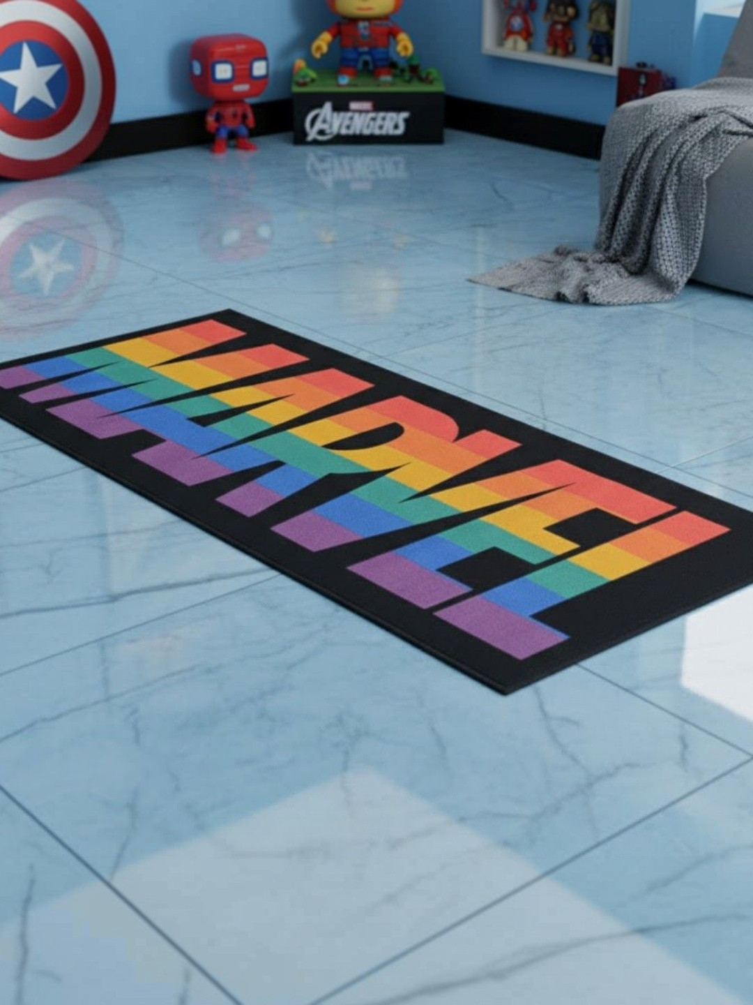 Athom Living Black Marvel Printed Anti-Skid Backing Carpet