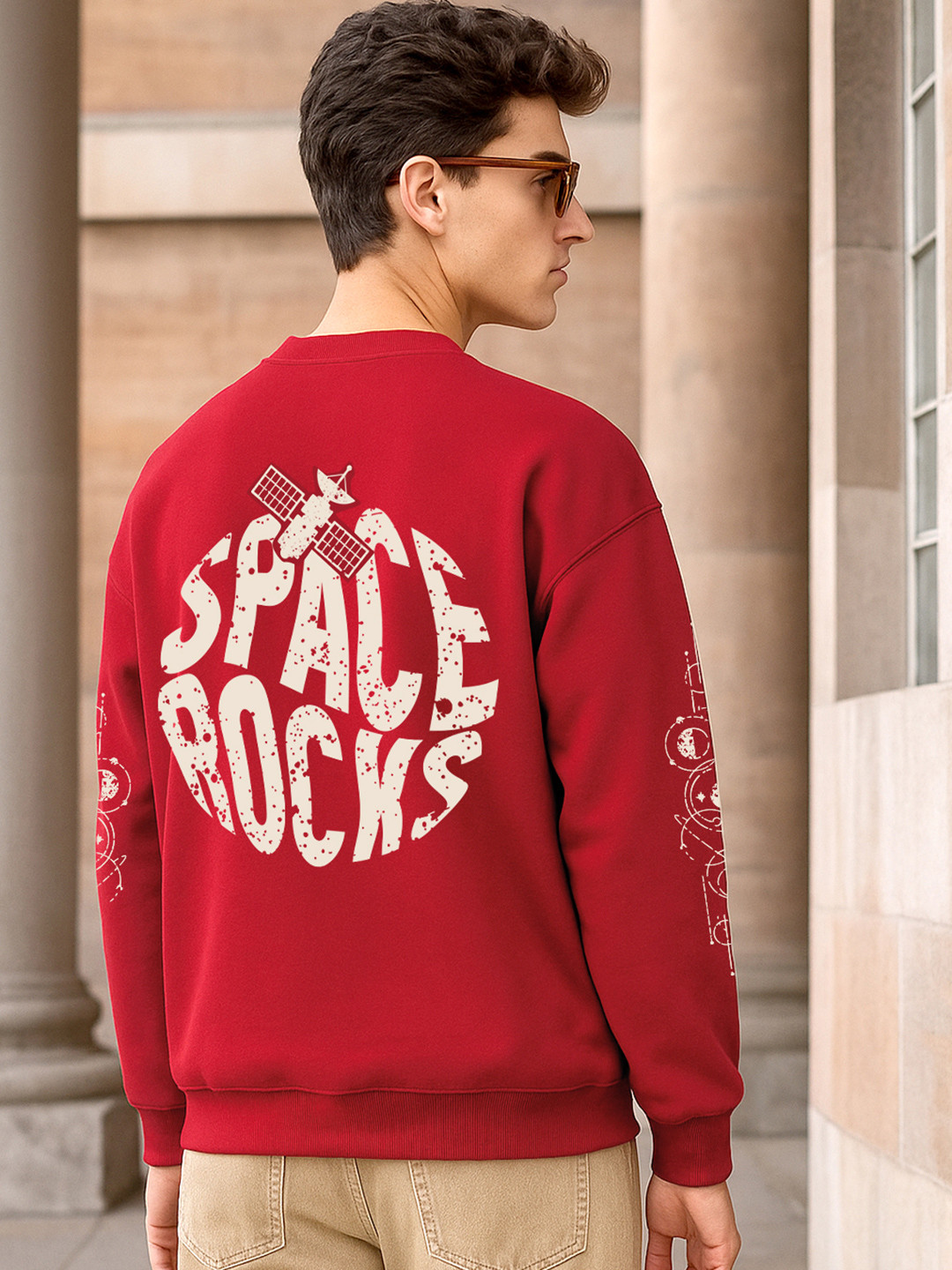 Bewakoof Men Salsa Red Space Rocks Graphic Printed Oversized Sweatshirt