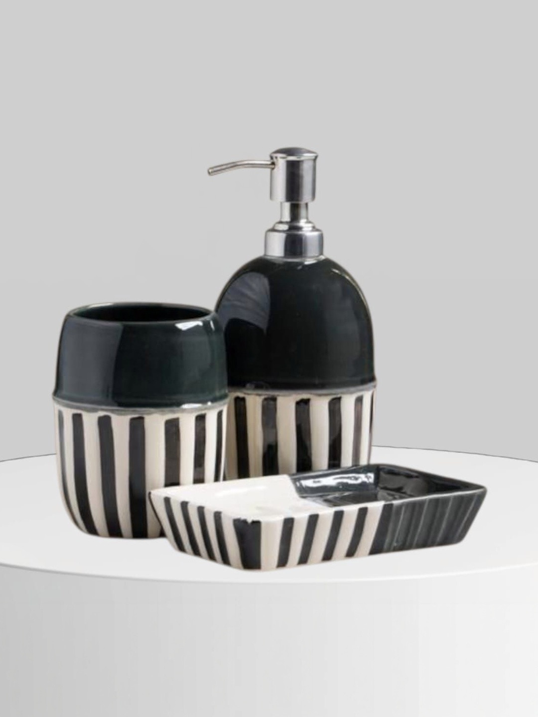 Artisans Bazar Black & Beige 3 Pcs Striped Ceramic Soap Dispenser Bath Accessories Set