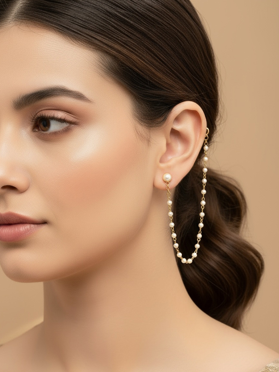 Anouk Pearl Studded Classic Gold-Plated 1 Line Ear Chain Ear Cuff