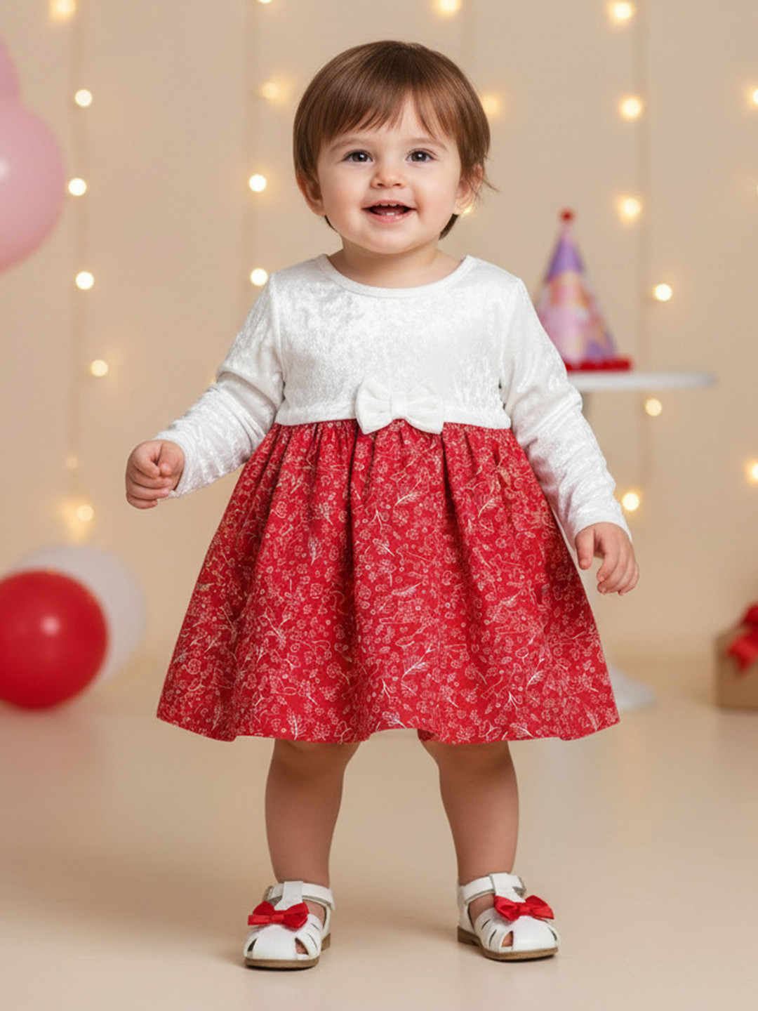 mama & bebe Girls Floral Printed Velvet Fit & Flare Midi Winter Dress