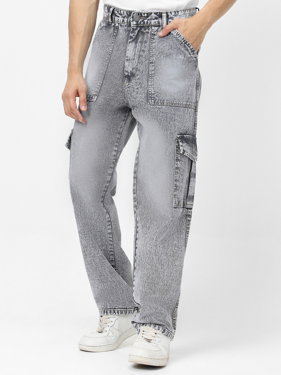 Urbano Fashion Men Ice Grey Cargo Relaxed Fit Jeans With 6 Pockets Non-Stretchable