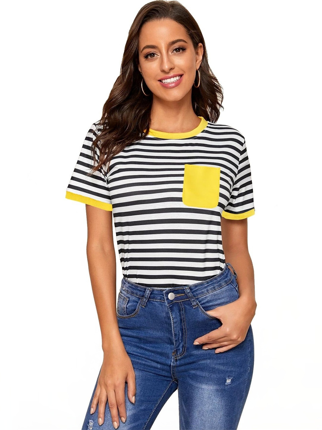 FABRICORN Women Striped Pockets T-shirt