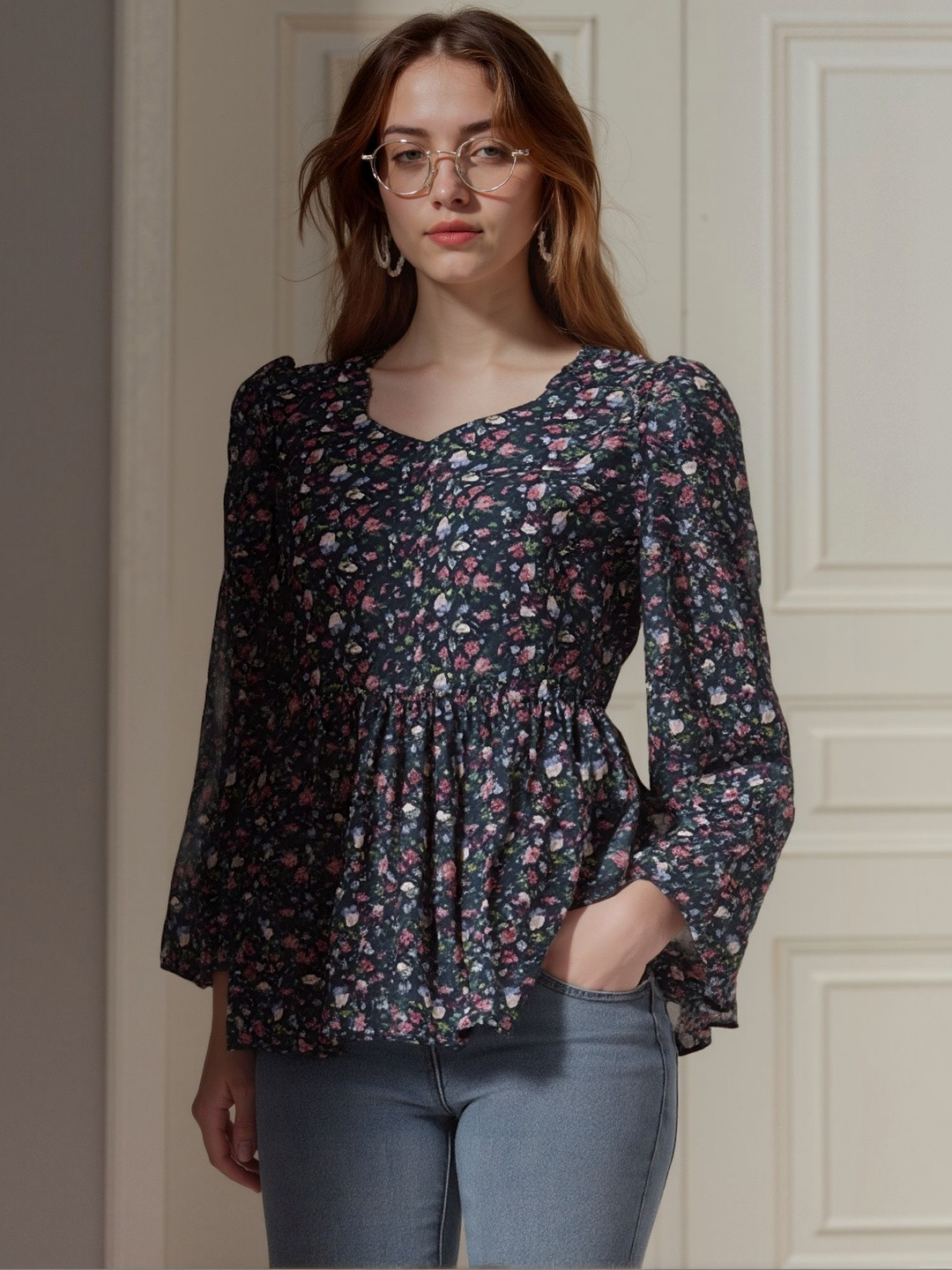 Tulip Eden Floral Print Georgette Peplum Top