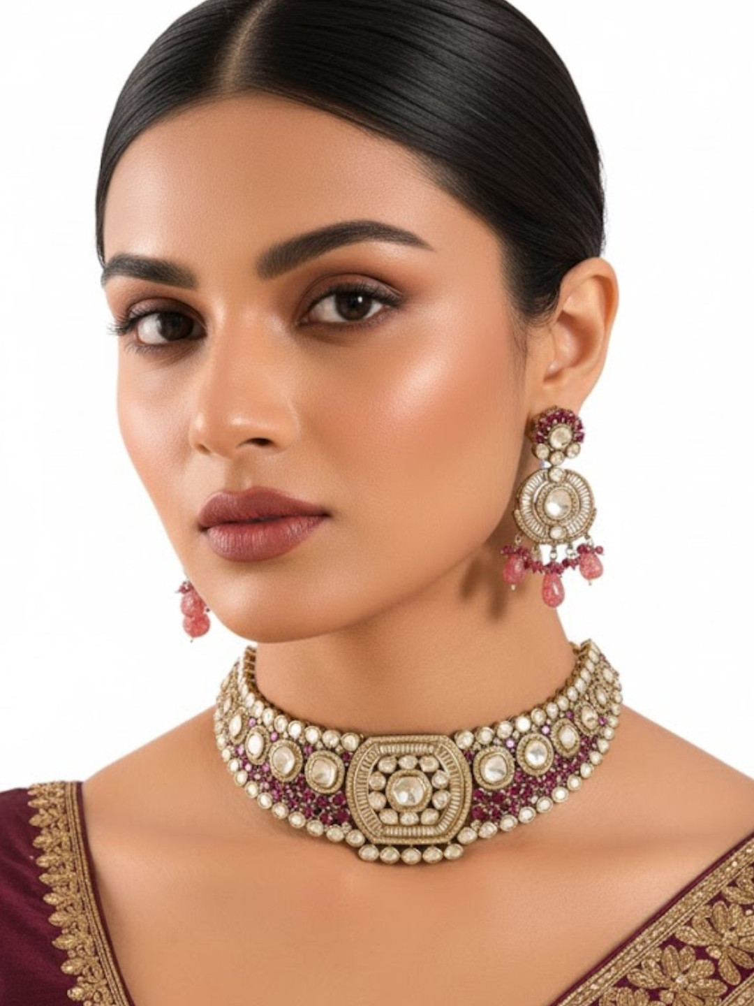 AURAA TRENDS Gold-Plated Kundan Polki-Studded & Pearl Drops Jewellery Set