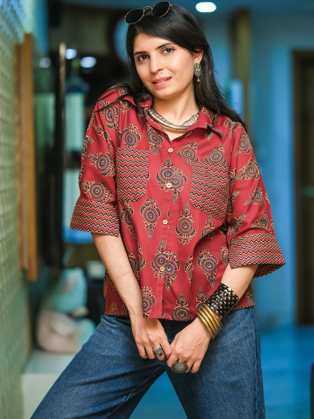 Rust Ethnic Motif Shirt Collar Short Sleeve Top