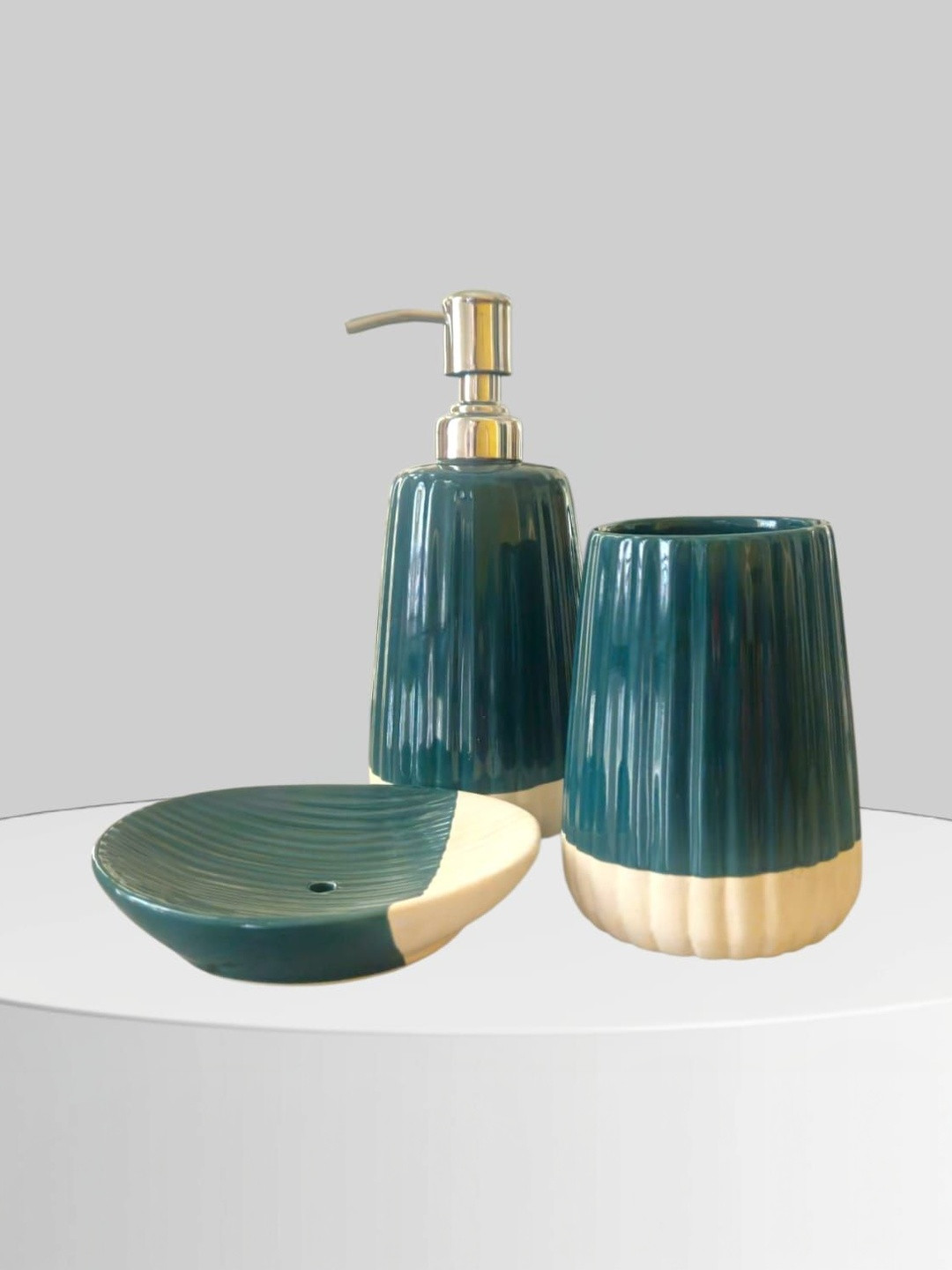 Artisans Bazar Green & Green 3 piece Textured Ceramic Soap Dispenser Set