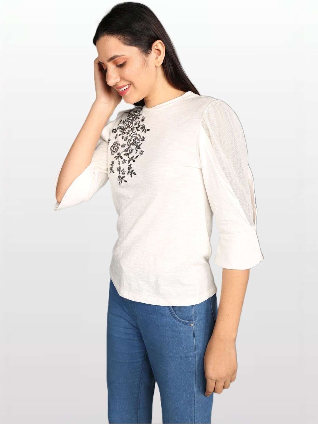 STIL O STITCH Floral Embroidered Puff Sleeve Cotton Top