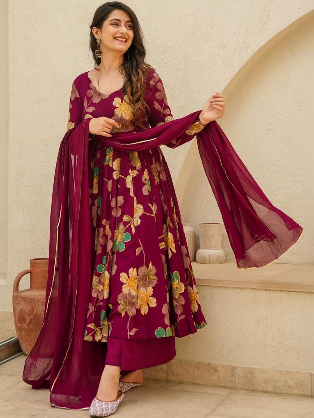 KALINI Women Floral Printed Panelled Kurta with Palazzos & With Dupatta