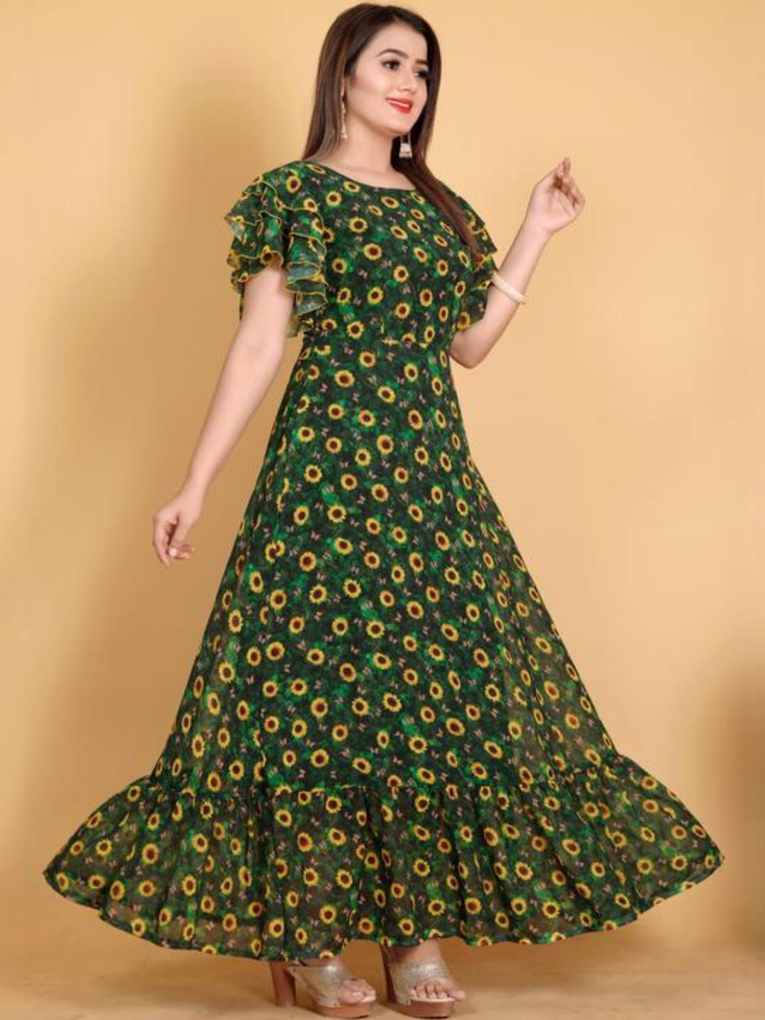 KRIVANSH STORE Floral Print Flutter Sleeve Ruffled Georgette A-Line Maxi Dress