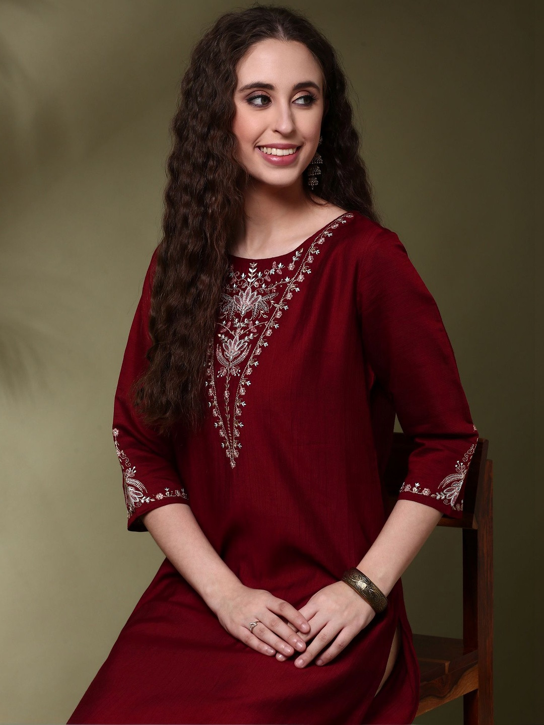 Anouk Women Ethnic Motifs Embroidered Flared Sleeves Thread Work Kurta