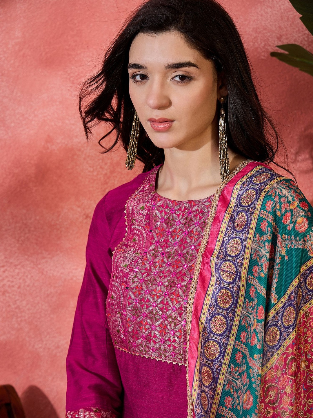 HERE&NOW Women Ethnic Motifs Embroidered Regular Sequinned Kurta with Trousers & With Dupatta