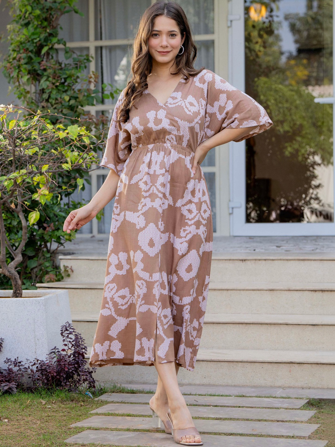 MANOJAVA Floral Print Kimono Sleeve Fit & Flare Midi Dress