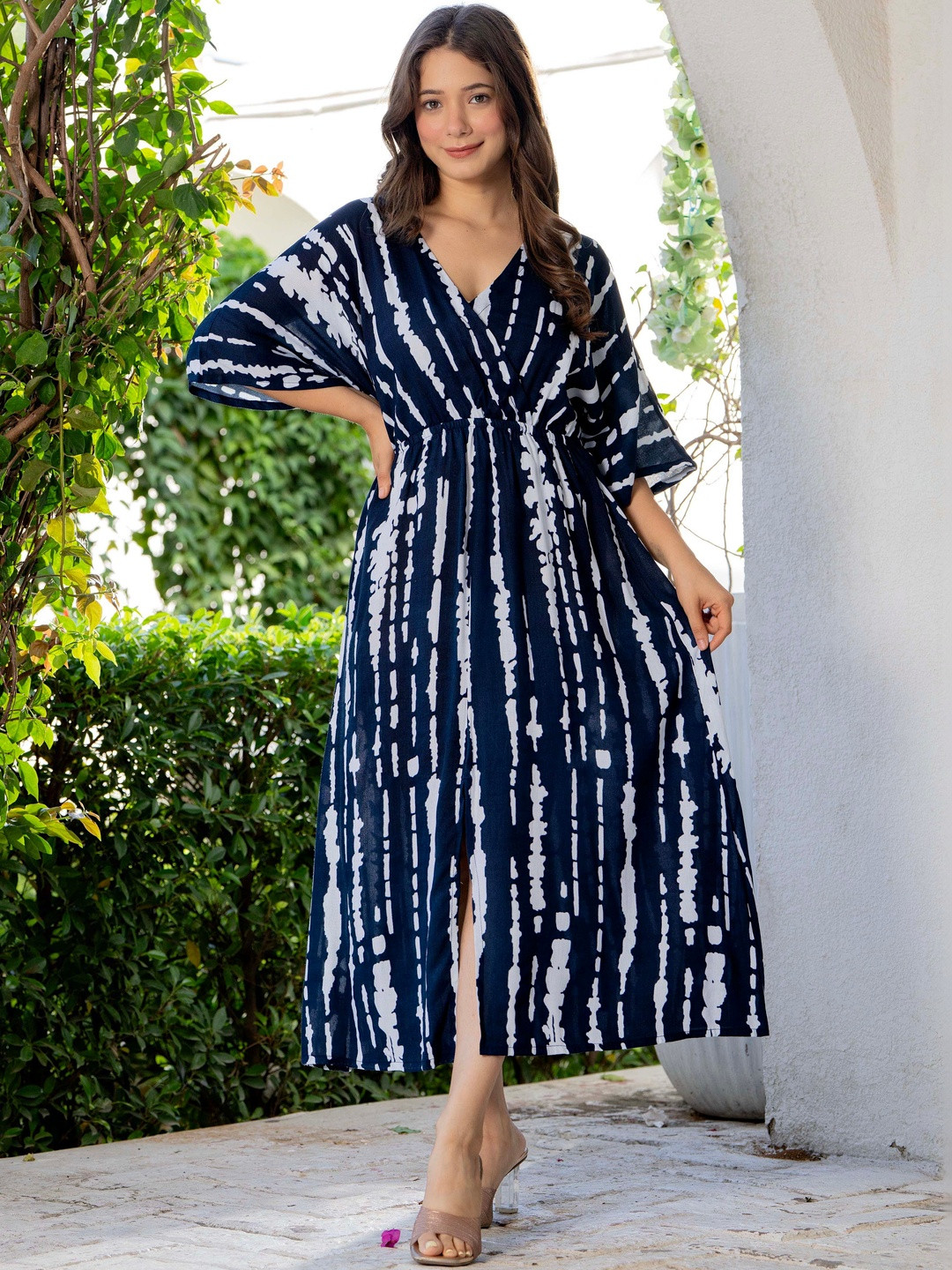 MANOJAVA Tie and Dye Dyed Kimono Sleeve Kaftan Midi Dress
