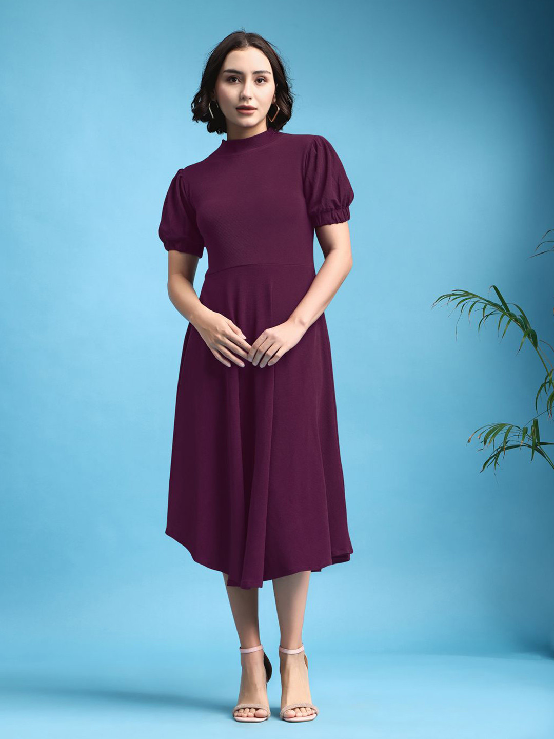 PURVAJA Women Ruby Solid Puff Sleeve Fit & Flare Midi Dress