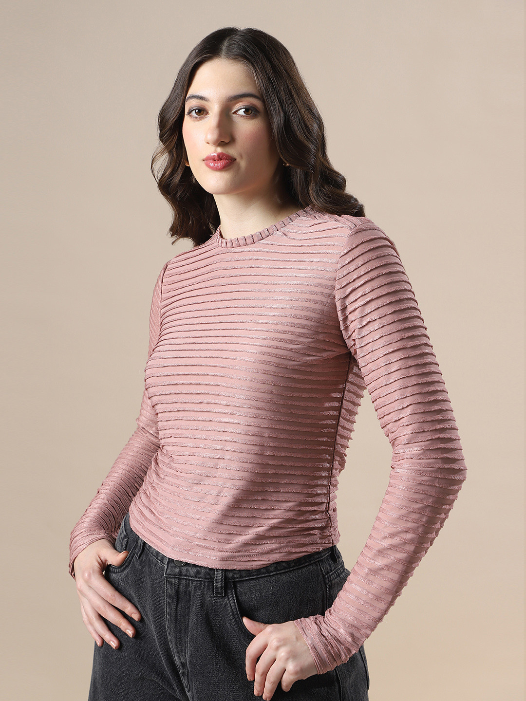Globus Self Design High Neck Full Sleeves Knitted Top