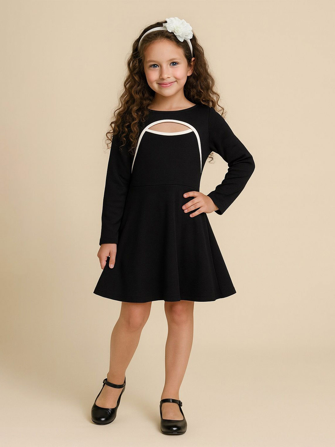 YK Girls Round Neck Full Sleeve Cut-Outs Fit & Flare Dress With White Piping