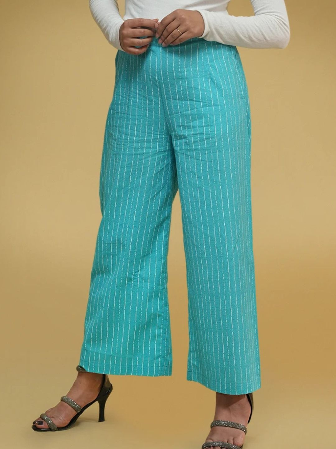 Nilam India Women Striped Regular Western Organic Cotton Straight Palazzos