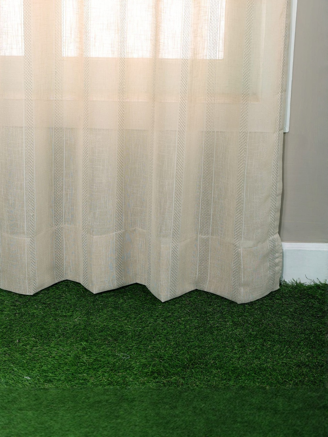 B' Decorlish Cream 2 Pieces Self Design Linen Sheer Eyelet Door Curtains