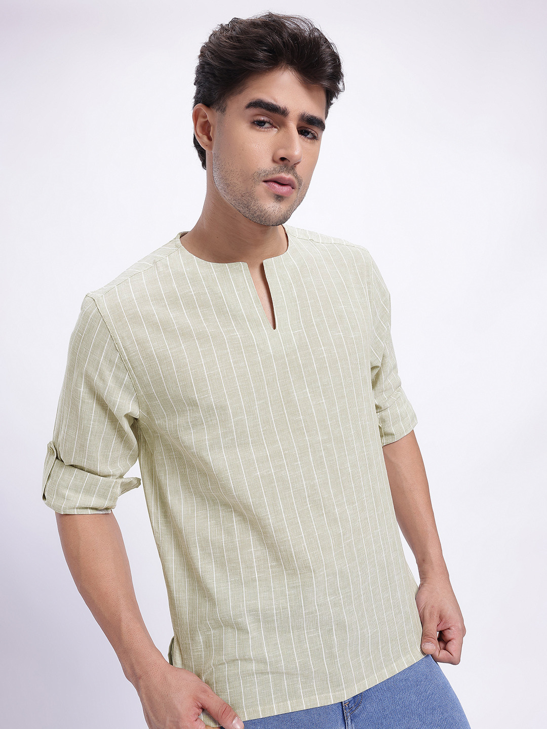 glitchez Striped Roll-Up Sleeves Short Kurta