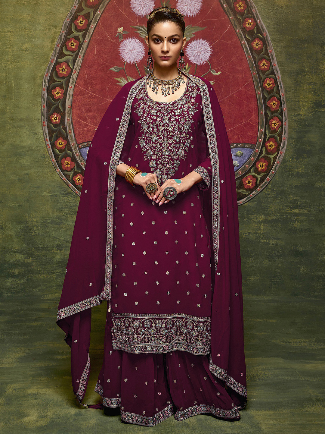 Libas Art Floral Embroidered Scoop Neck Georgette Straight Kurta With Palazzos And Dupatta