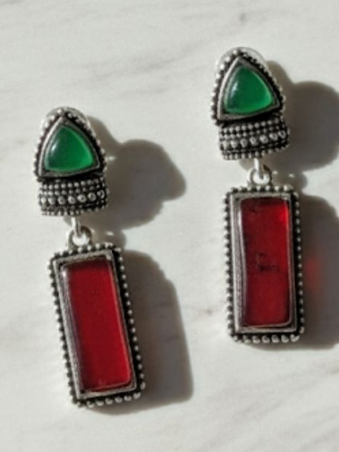 Sansik Silver-Plated Artificial Stones Studded Oxidised Geometric Shaped Drop Earrings