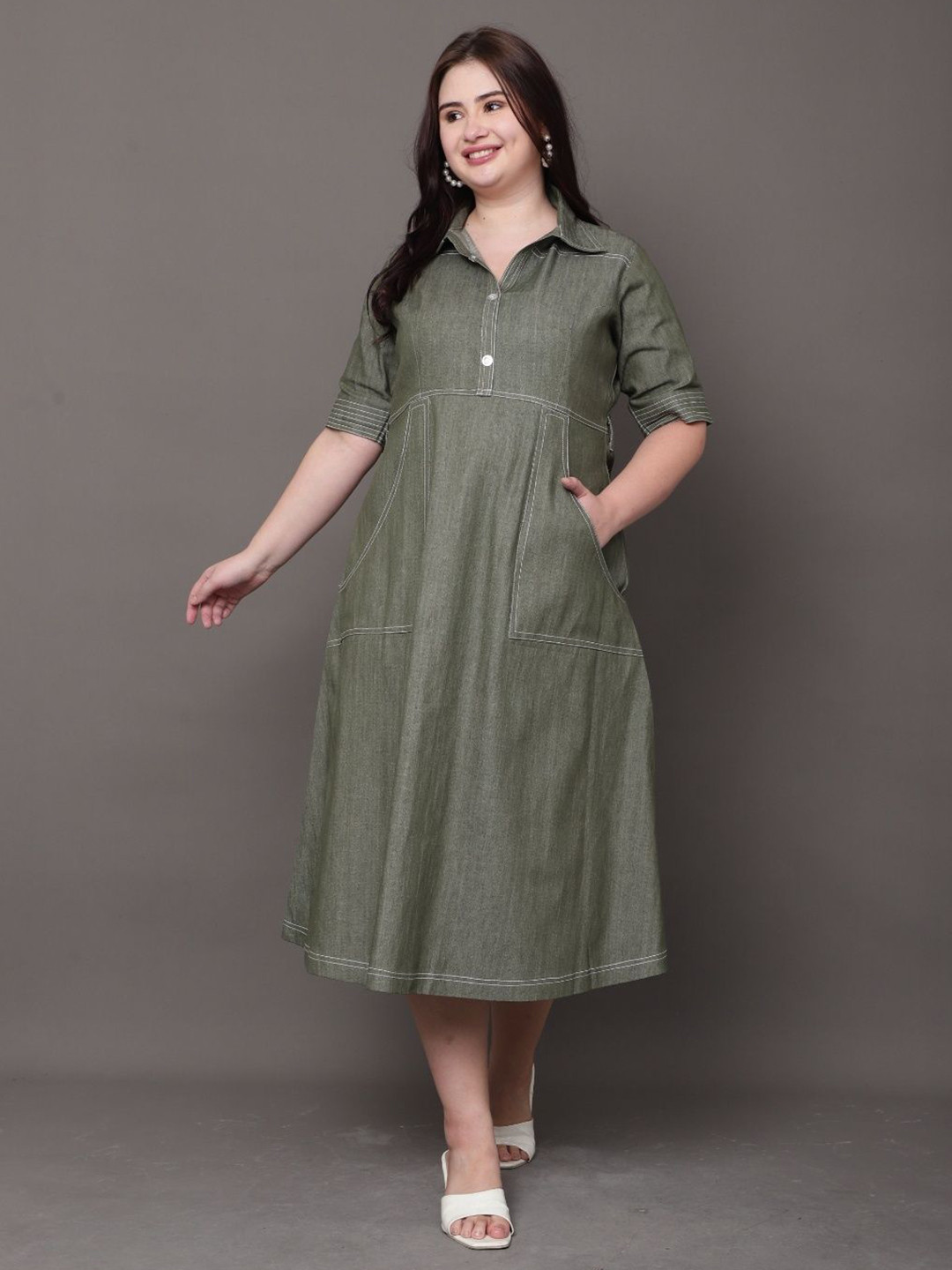 STYLLEY Plus Size Denim A-line Midi Dress