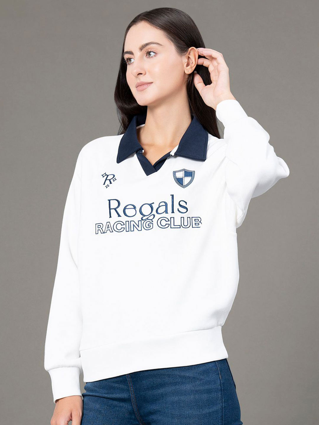 Red Tape Women Printed Shirt Collar Pullover Sweatshirt