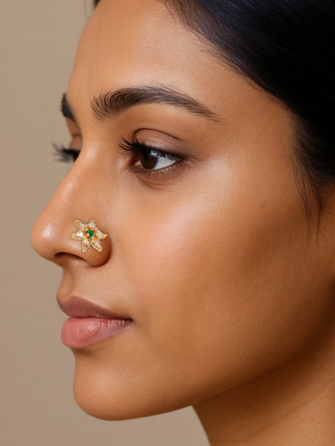 FIROZA Gold-Plated Cubic Zirconia Studded Haritara Stud Nosepin