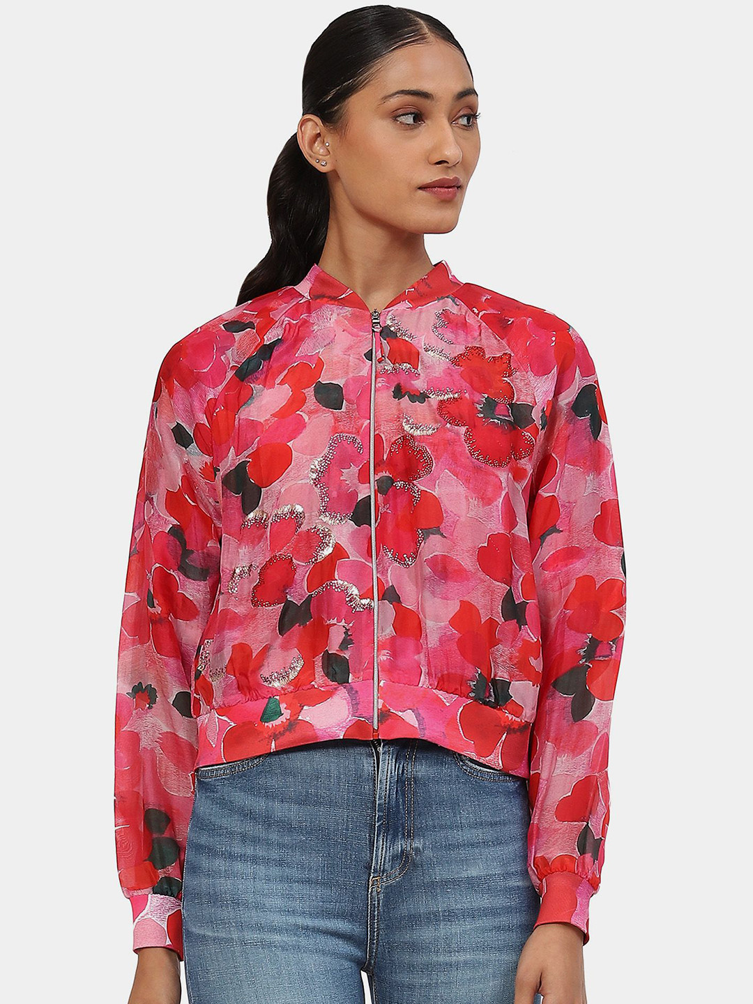 Satya Paul Women Stand Collar Floral Printed Bomber Jacket