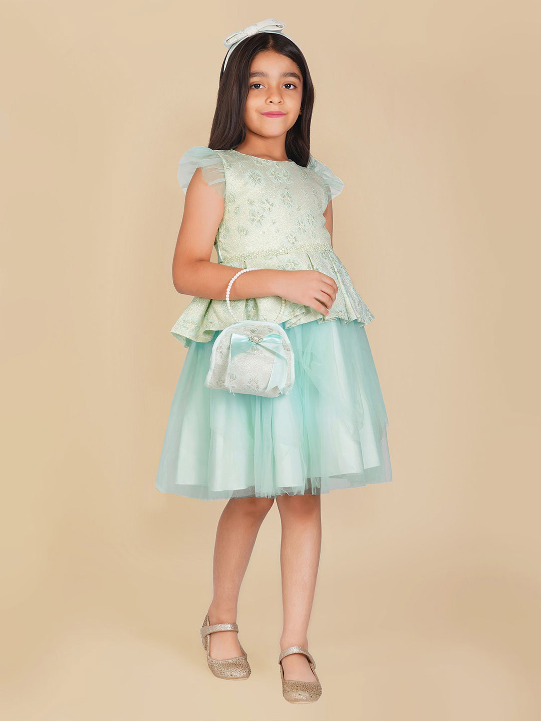 HERE&NOW Girls Self Design Flutter Sleeve Net Peplum Dress with Pouch