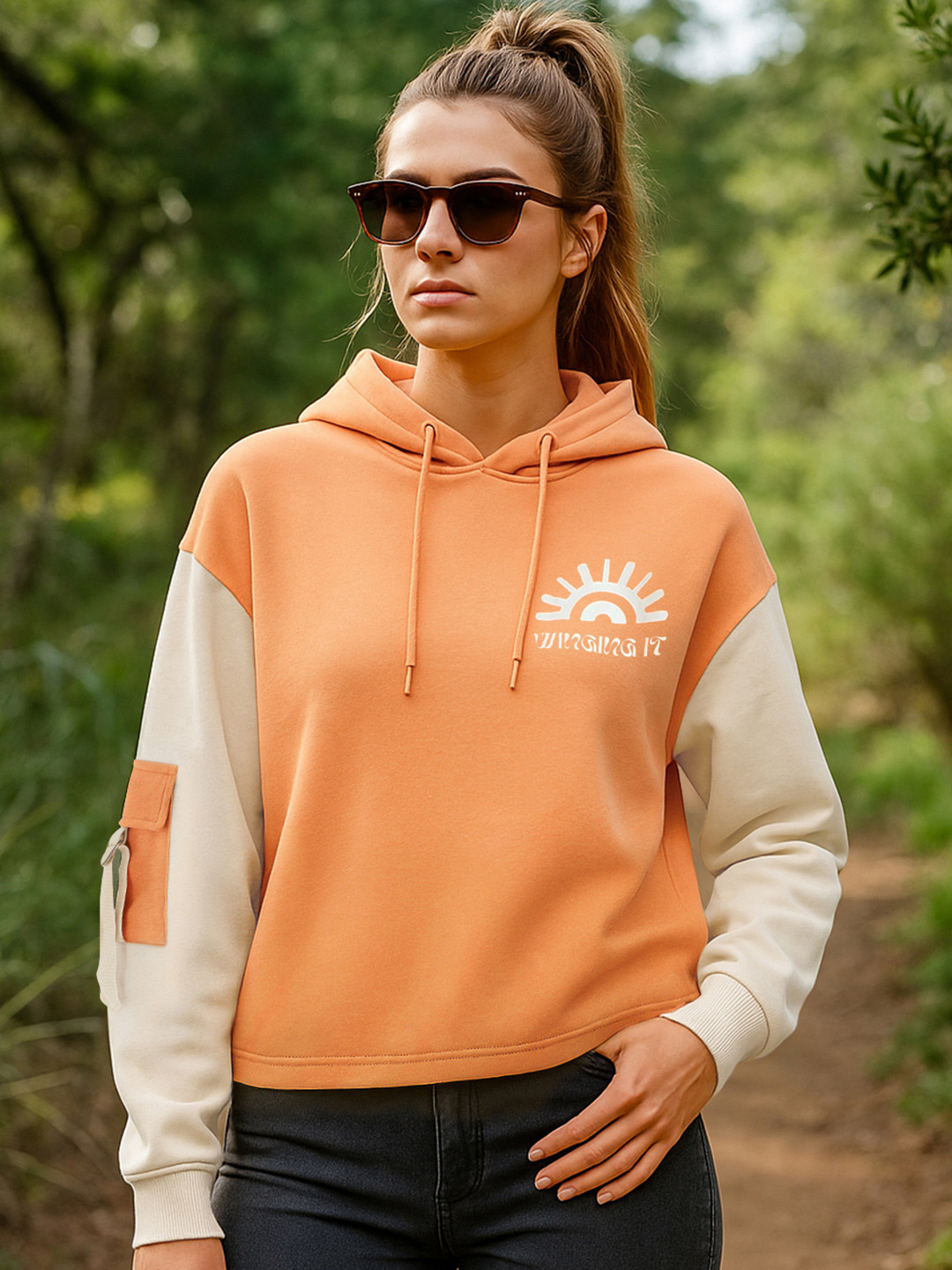 Bewakoof Women Peach Cobbler & Beige Color Block Oversized Hoodies