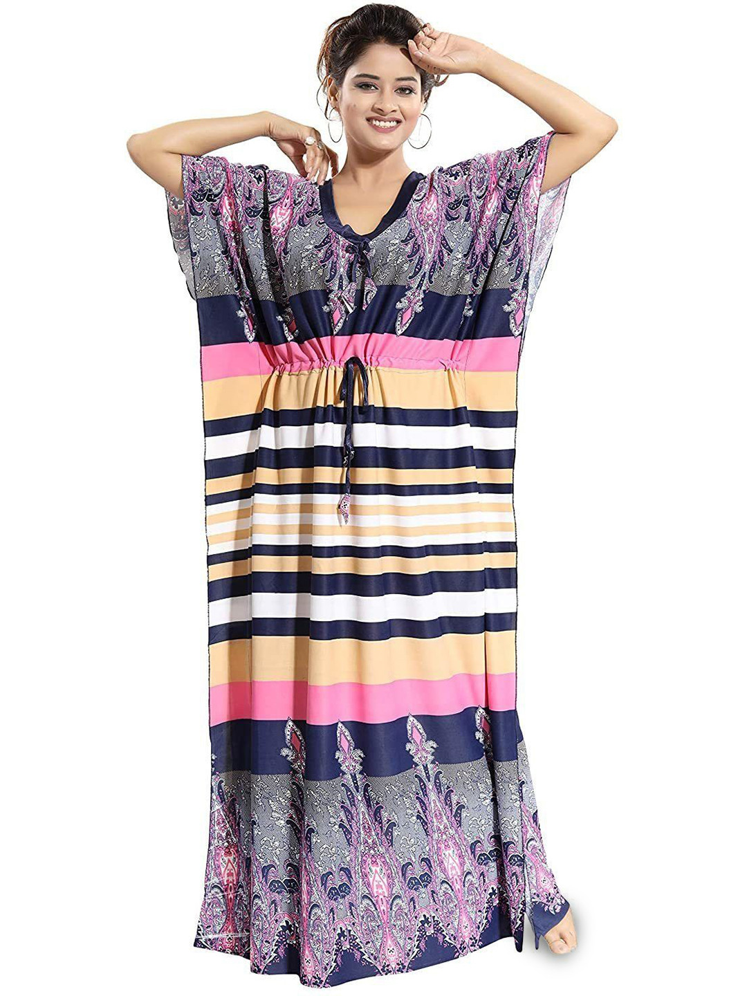 PURSA Women Multicolor Satin Striped Maxi Nightdress