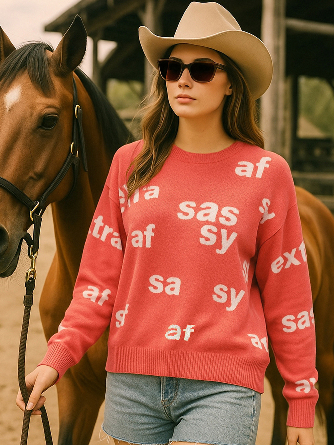 Bewakoof Women Hot Coral Pink All Over Printed Oversized Sweater