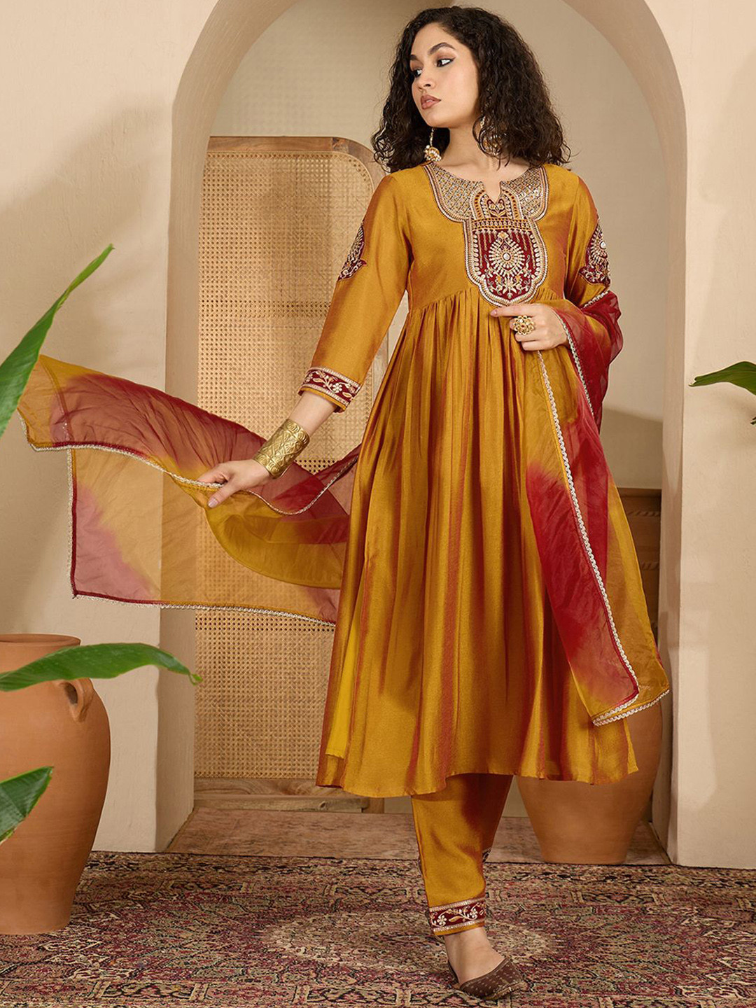 Sangria Zari Sequence Thread Embroidered A-Line Kurta With Trouser & Dupatta