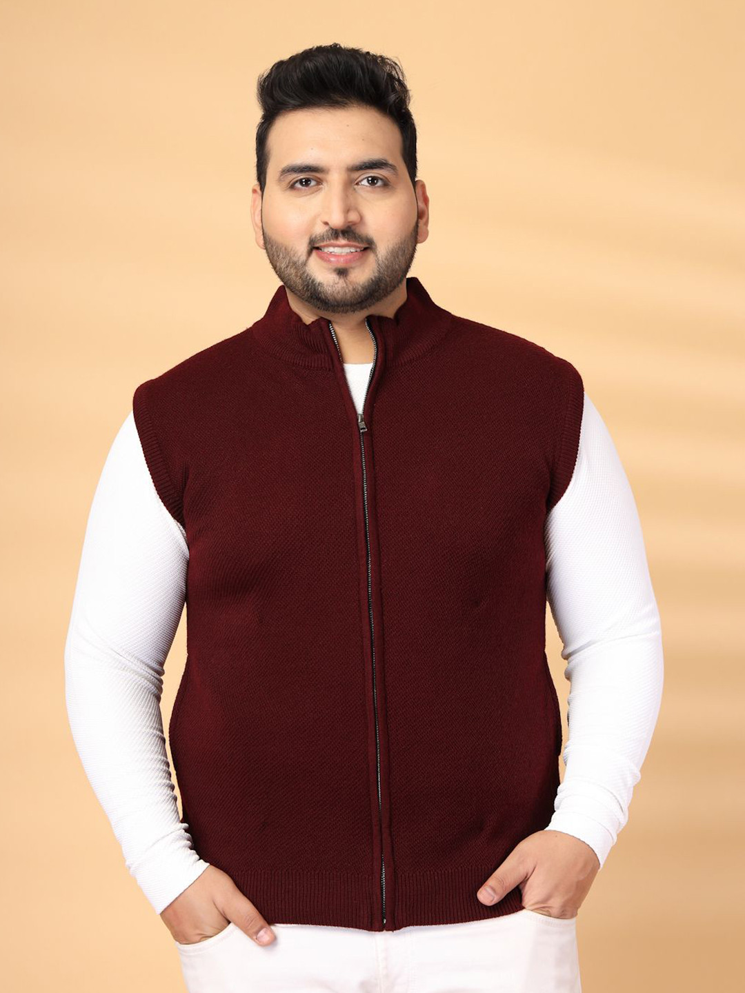 plusS Men Solid Sleeveless High Neck with Zip Detail Sweaters