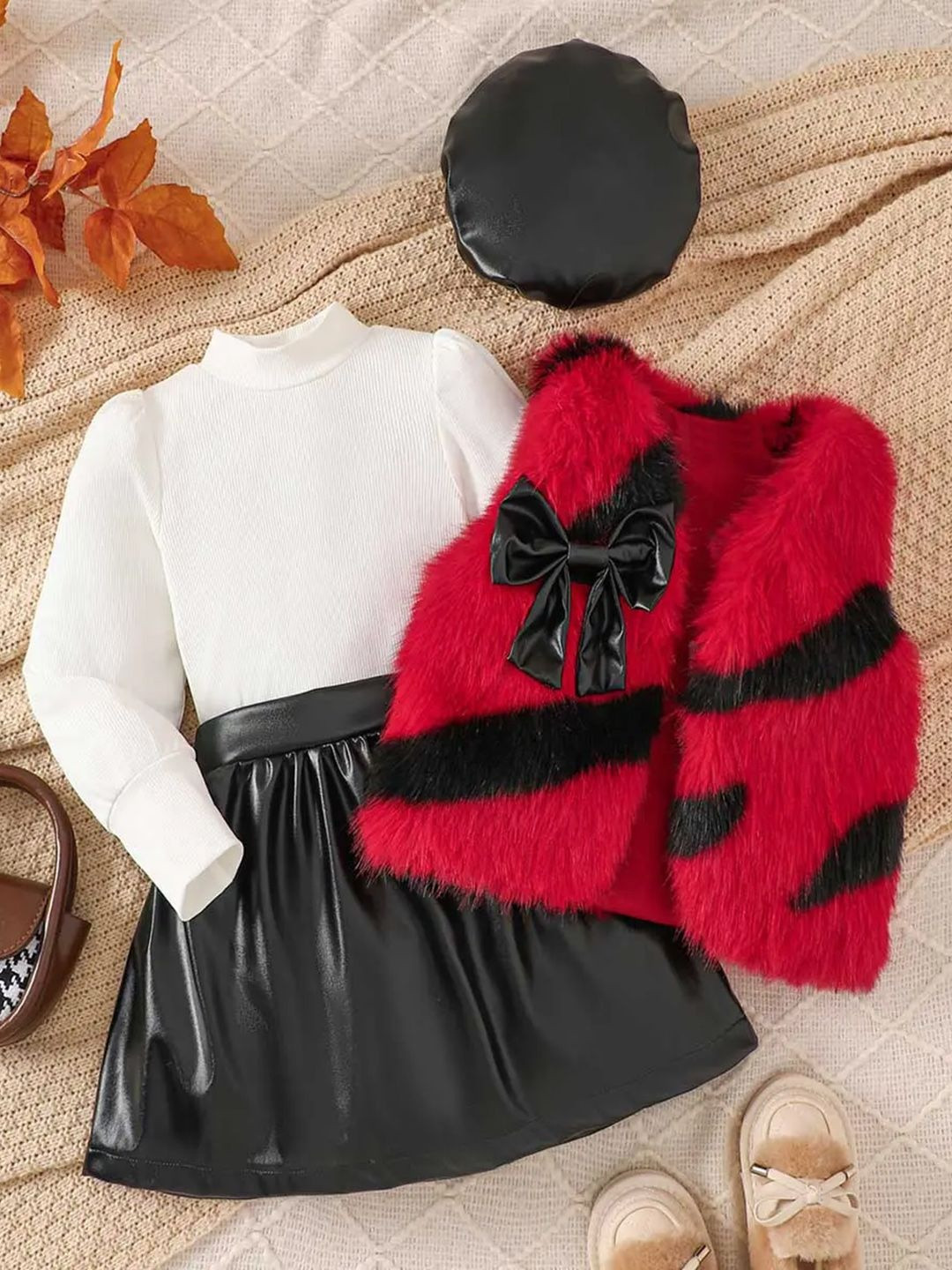 YK Girls Ribbed Long Sleeves Top With Skirt & Vest