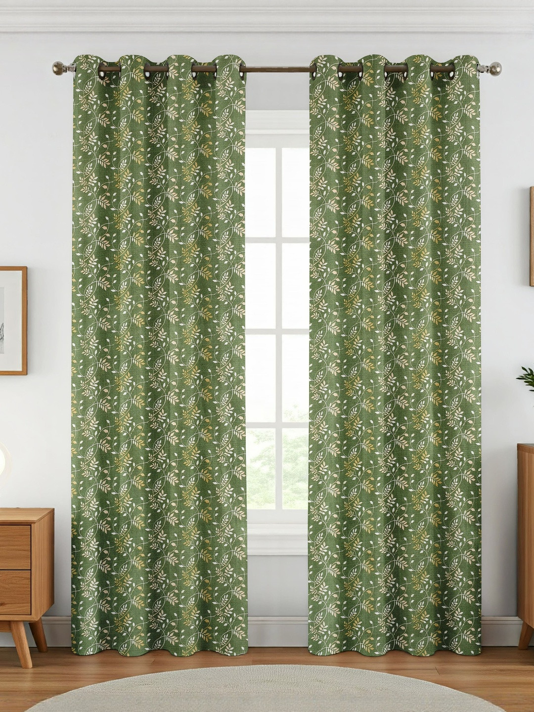 GEET CREATIONS Softy-Bail Green & Brown 2 Pieces Printed Room Darkening Door Curtains