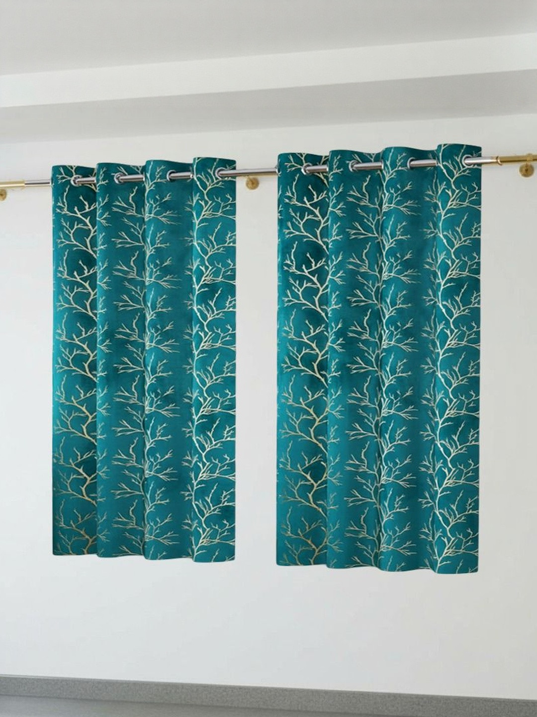 Aura Turquoise Blue 2 Pieces Floral Printed Velvet Room Darkening Eyelet Window Curtains