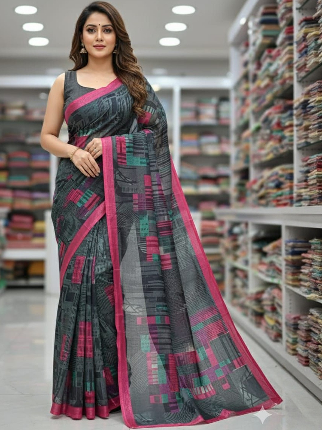 Silakaari Women Grey Absrtarct Printed Cotton Saree