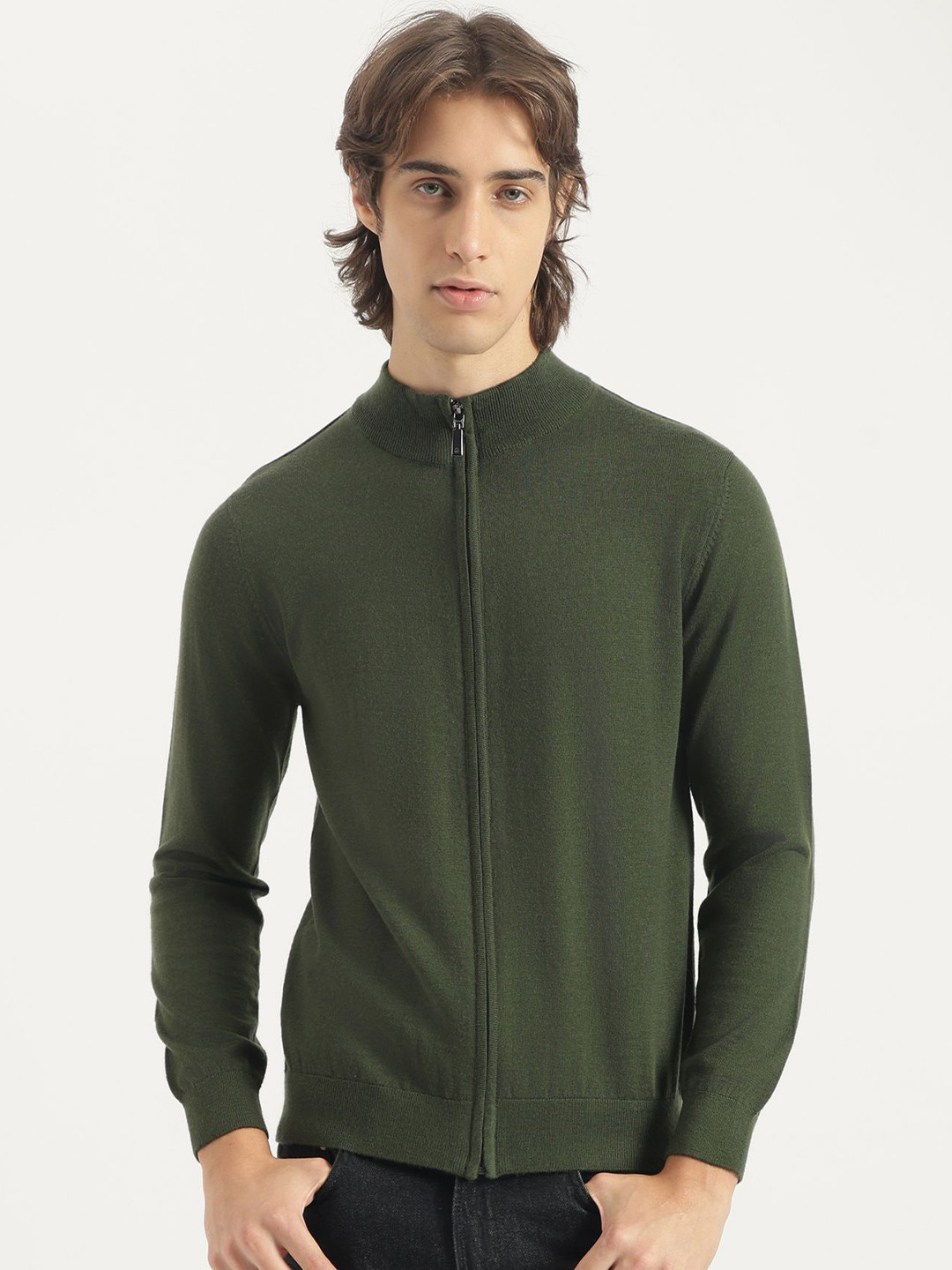 United Colors of Benetton Men Mock Collar Long Sleeves Open Zipped Pullover Sweatshirt