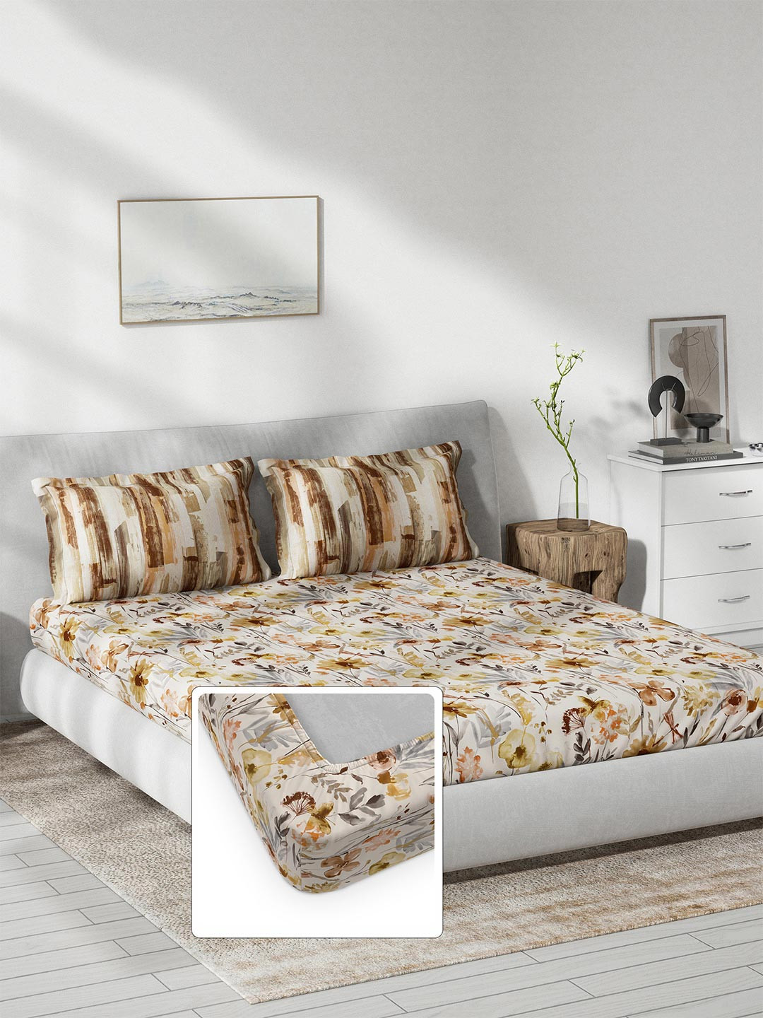 DDecor Grey Floral Cotton 144 TC Fitted King Bedsheet with 2 Pillow Covers-72 x 78 inches