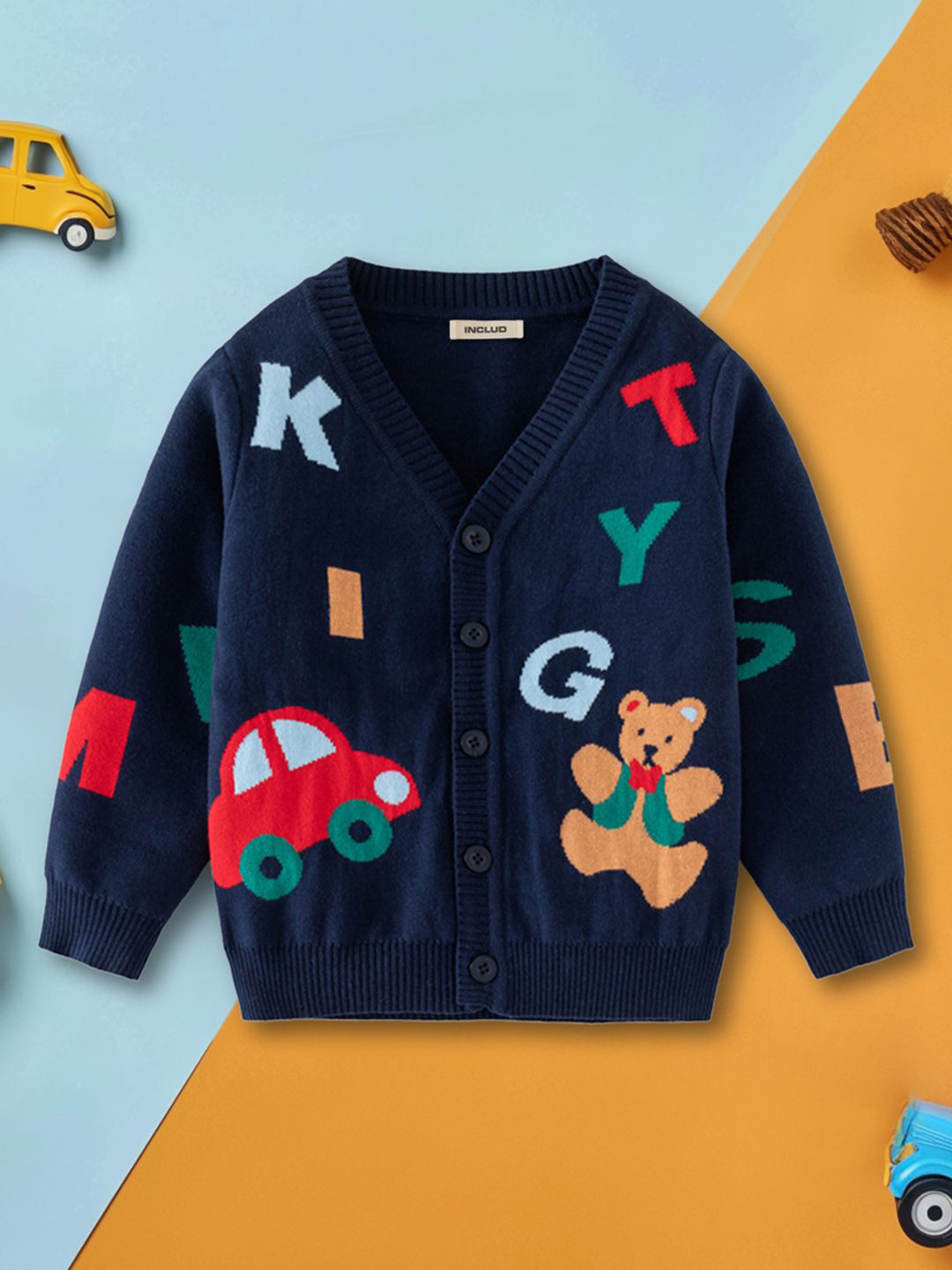 INCLUD Boys Cardigan With Self Design Alphabet Patterns