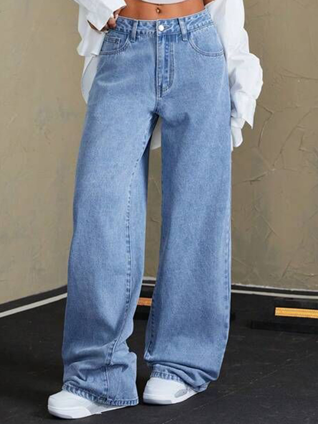 SAKIA Women Jean Light Fade Ice Streachable High Rise Wide Leg Jeans