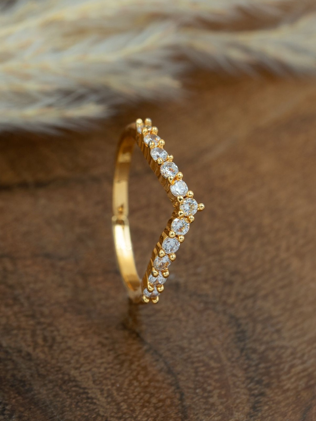 ARTKLIM Gold-Plated CZ-Studded Elegant Chevron Anti-Tarnish Adjustable Finger Ring