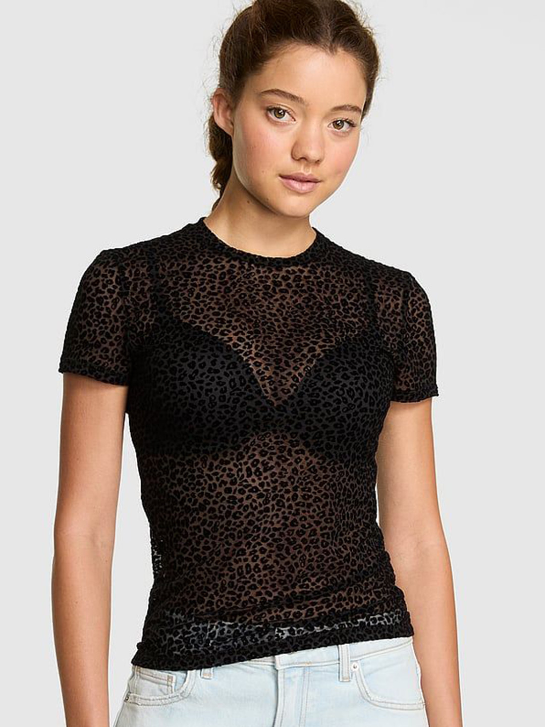 Victoria's Secret Women Leopard Printed Mesh Casual Short Sleeve T-shirt