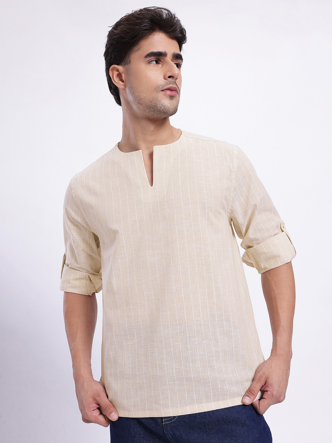 glitchez Striped Roll-Up Sleeves Short Kurta