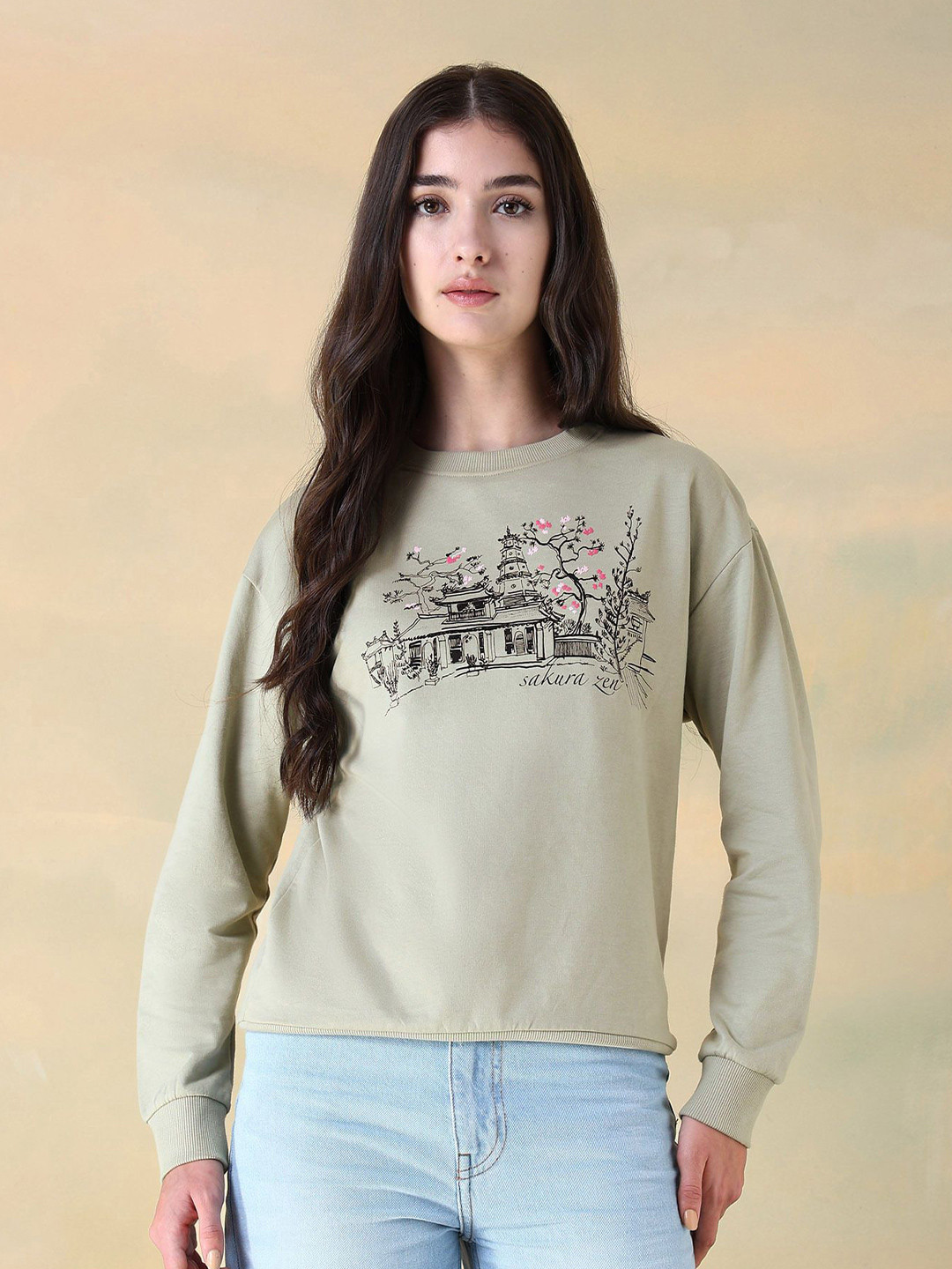 Flying Machine Women Printed Round Neck Full Sleeve Sweatshirt