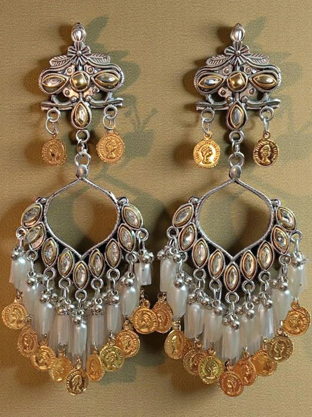 BlingNation Dual Toned Pearl Tassel Kundan Chandbali Earrings