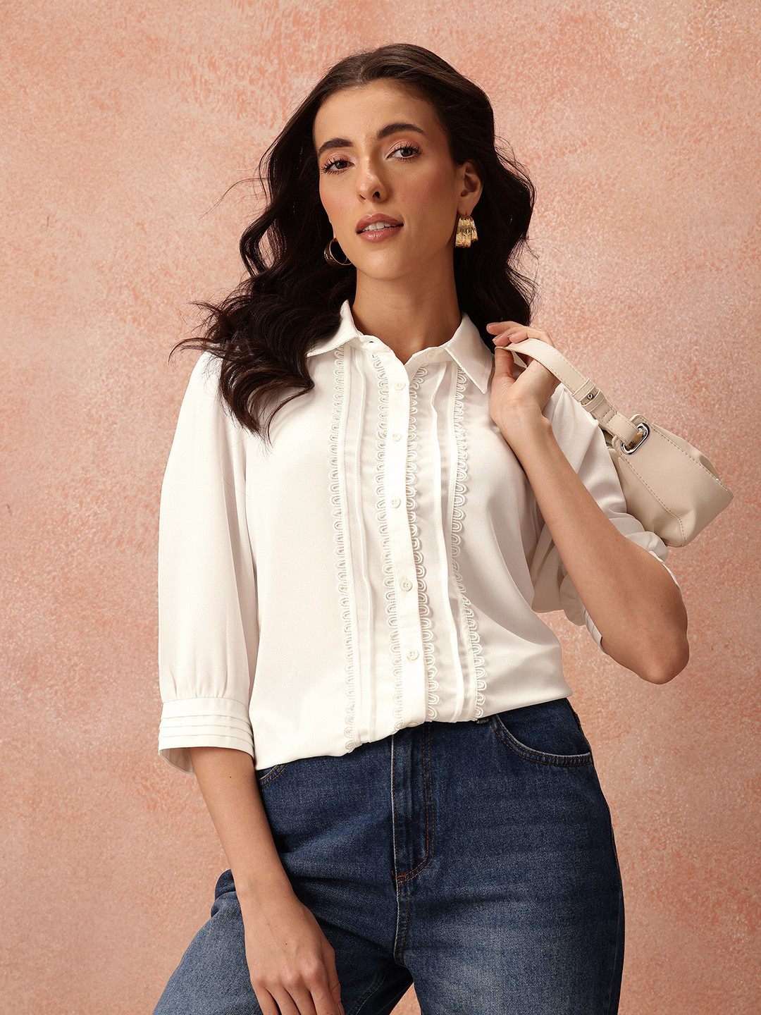 all about you Lace Insert Detail Puff Sleeves Regular Fit Shirt